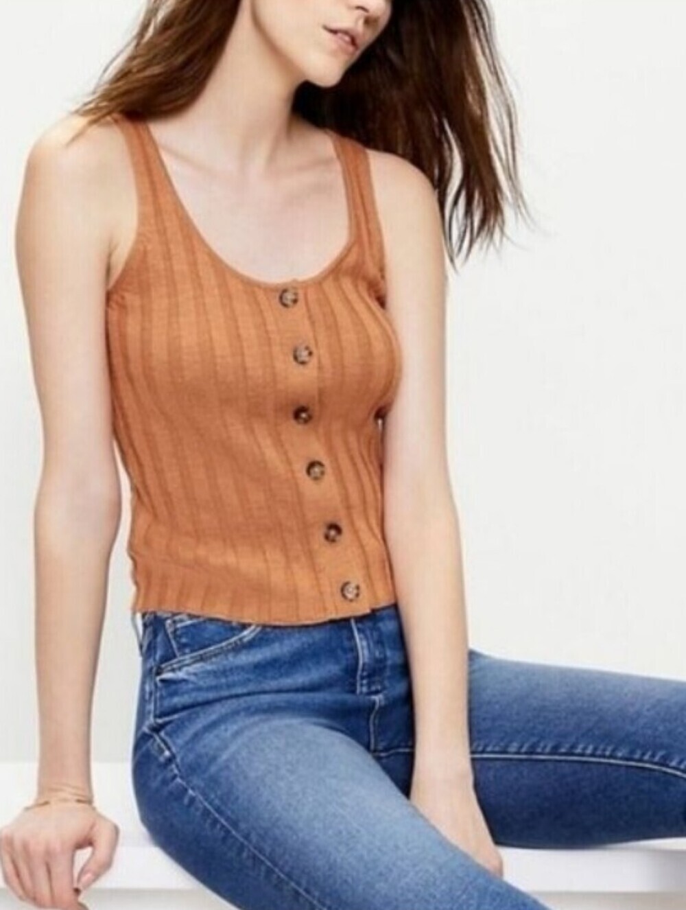 Loft Ribbed Button-Front Sweater Tank Top in Muted Orange Rust Size